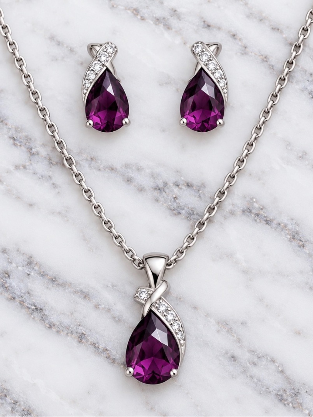 Silver Tone Purple Amethyst Teardrop Stones with Clear Stone Accents Set